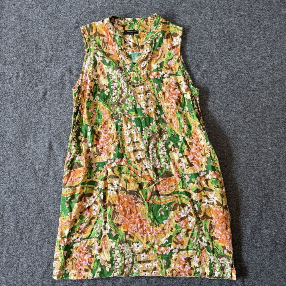 Lands End Linen Shift Dress Floral Sleeveless Pockets Pullover Women’s 14P Boho
